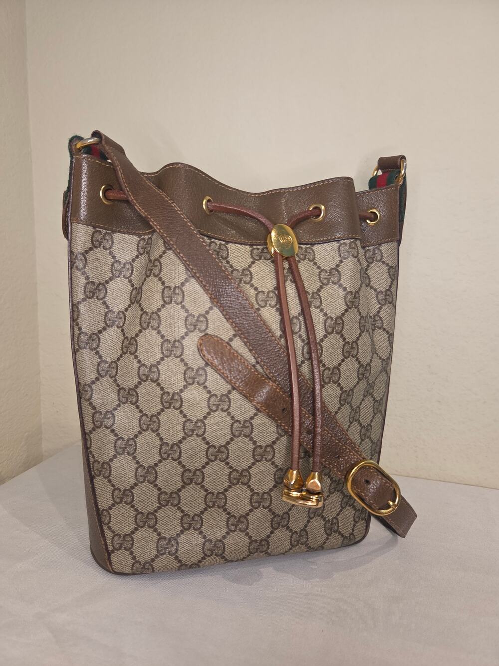 Gucci Brown Monogram Canvas Bucket Shoulder Bag with Gold Hardware